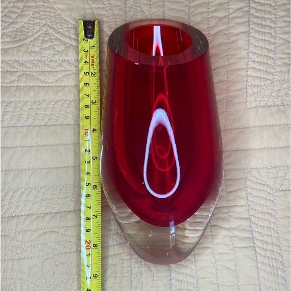 Red Cut Glass Vase 8.5”x5” Angled Top Unsigned Encased Glass - Picture 6 of 8
